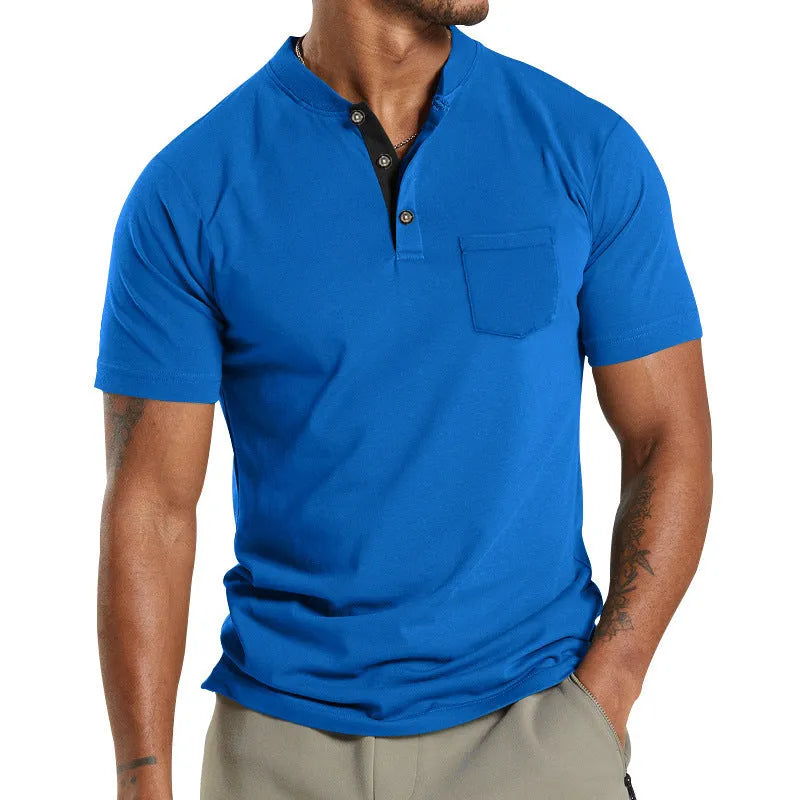Men's plus size short sleeve polyester polo shirt with button chest pocket in solid colour