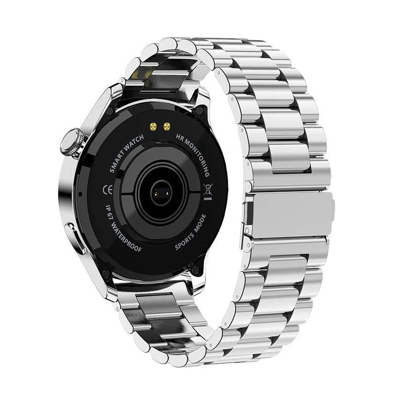 Smart watch with round colour screen showing heart rate data, with black silicone strap on a wrist.