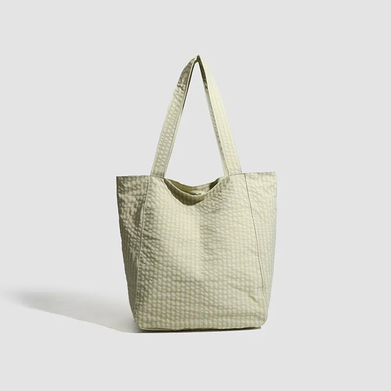 Polyester striped seersucker women's shoulder bag in soft horizontal square shape with three-dimensional pocket