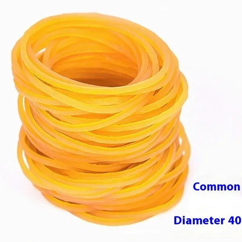 500g bulk pack of yellow rubber bands in various diameters including 25mm and 50mm for office use