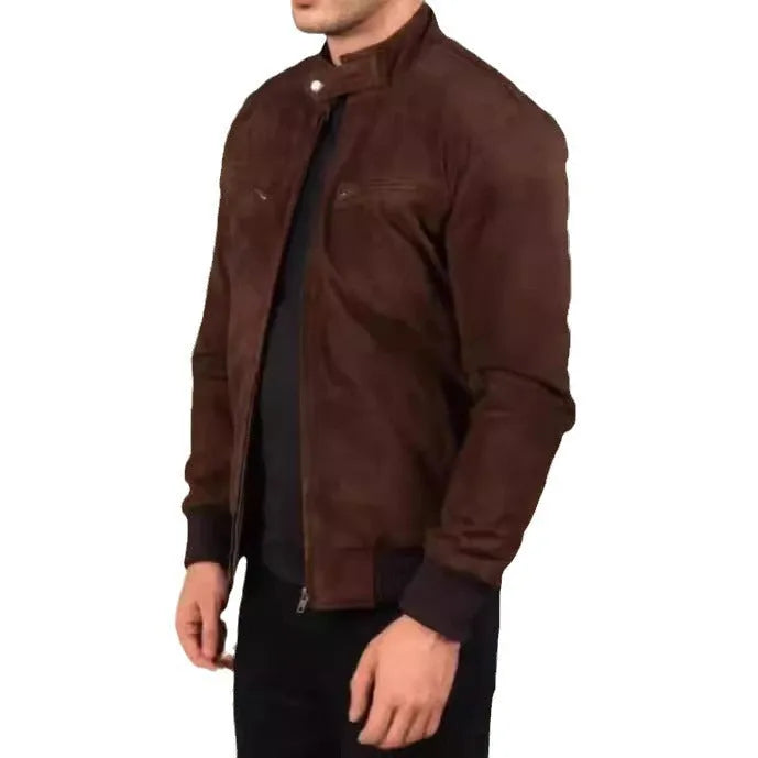 Vintage zipper suede jacket for mature men in brown, long sleeves, straight hem, size stick pockets