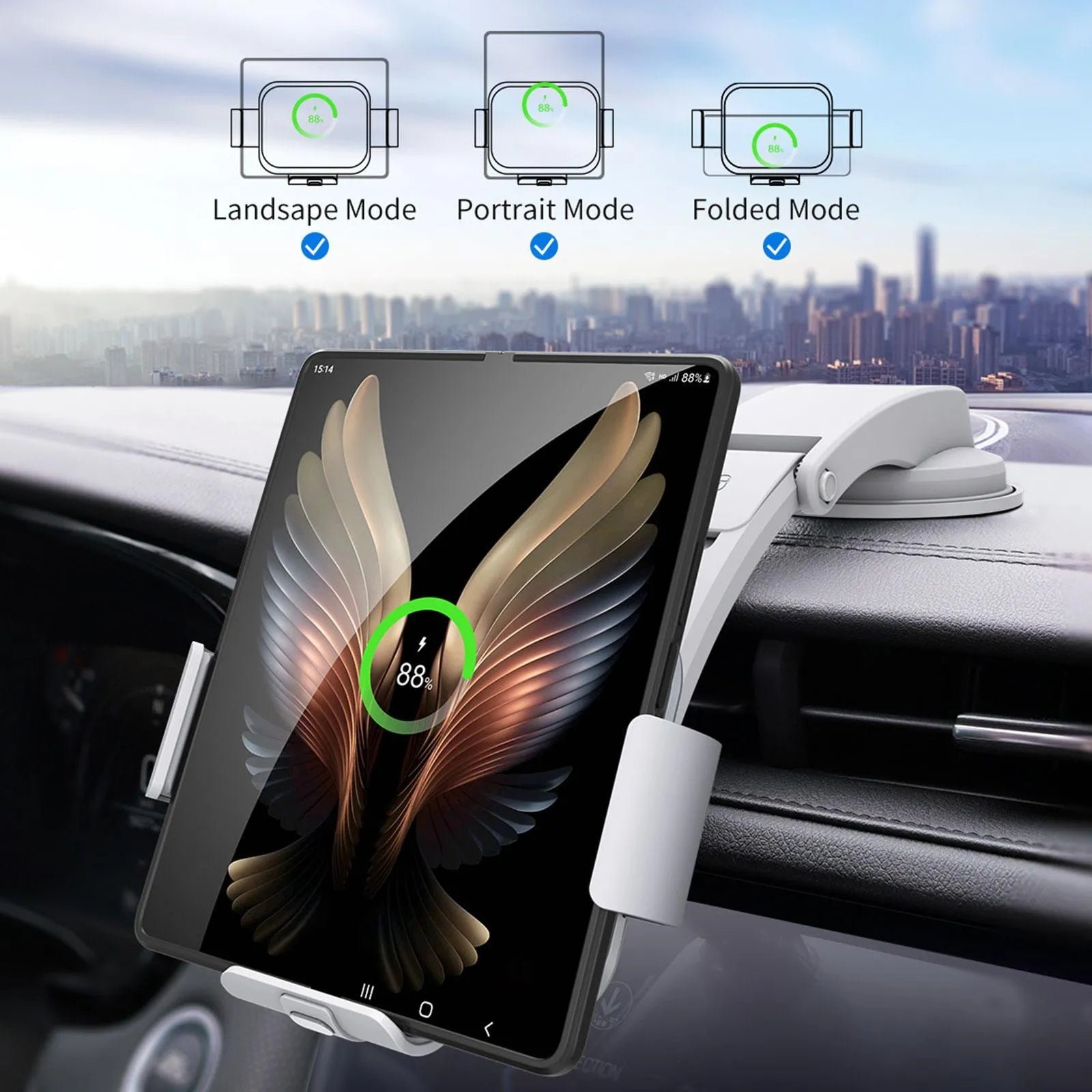 Grey wireless charging car phone holder with folding screen and multiple mounting accessories