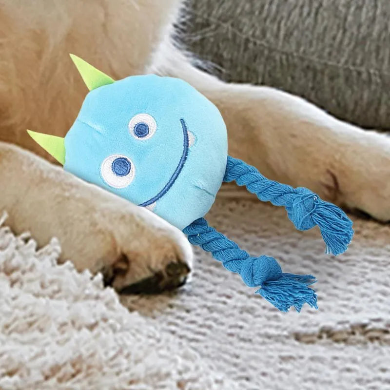Squeaky dog toy with strong knot design, cotton rope and PP cotton filling, cartoon shape, yellow or blue