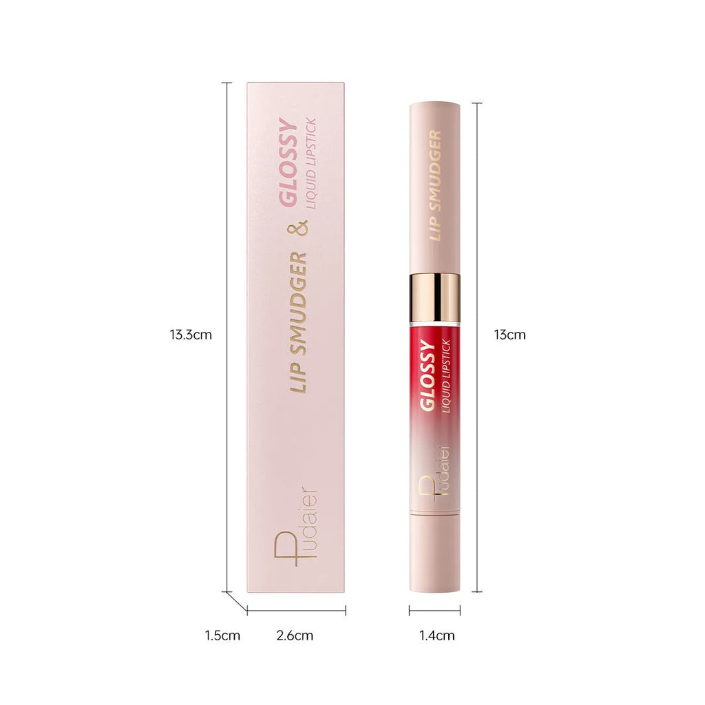 Double-headed lipstick and lip gloss in matte finish showing ten colour options 01 to 10