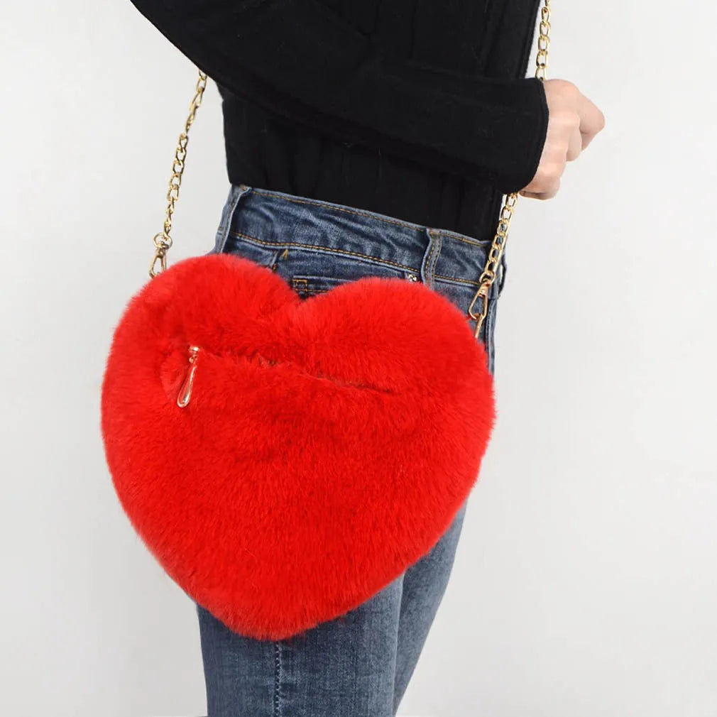 Love Bags plush heart-shaped shoulder bag in red, with chain strap and zipper, 25cm wide