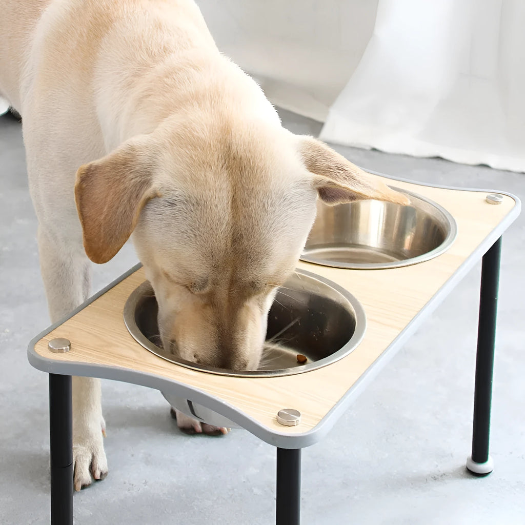 Adjustable height stainless steel dog food bowl rack with two bowls in black or silver, 400ml or 860ml