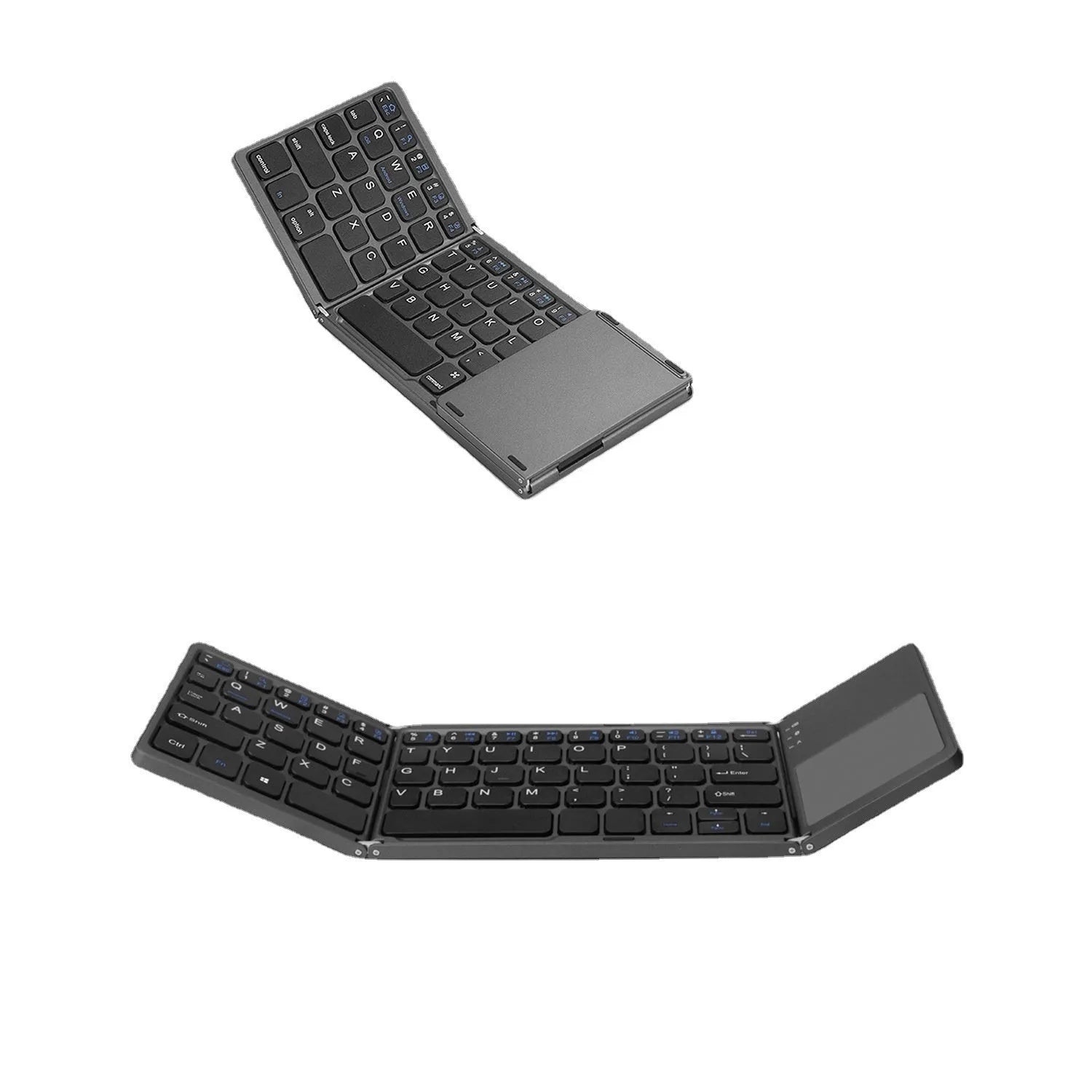 Black tri-fold Bluetooth keyboard shown folded and unfolded next to a smartphone