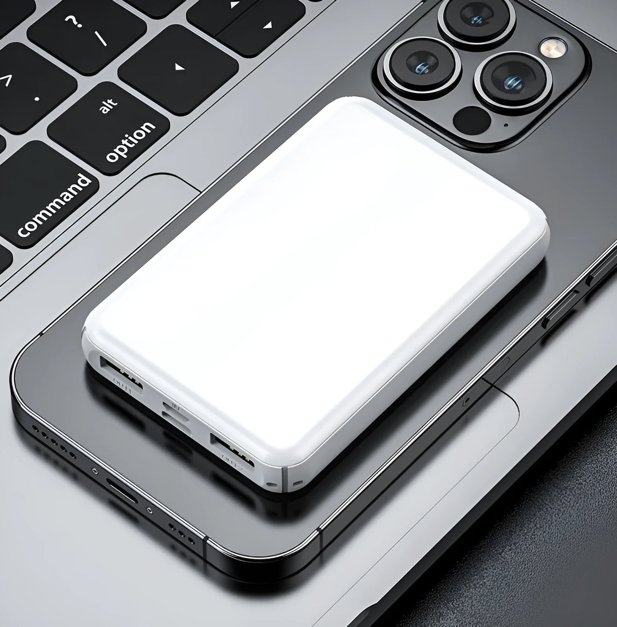 Black and white electric heating vest power bank showing compact 97x64x14mm size.