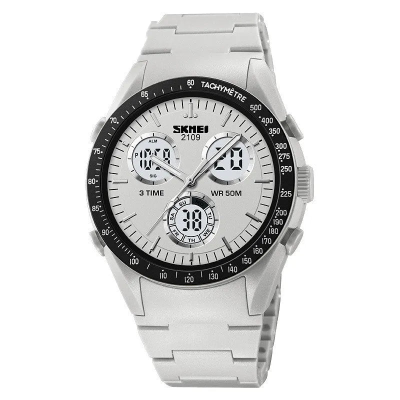 Electronic casual watch with camouflage pattern, resin crystal, and stainless steel button on TPU strap