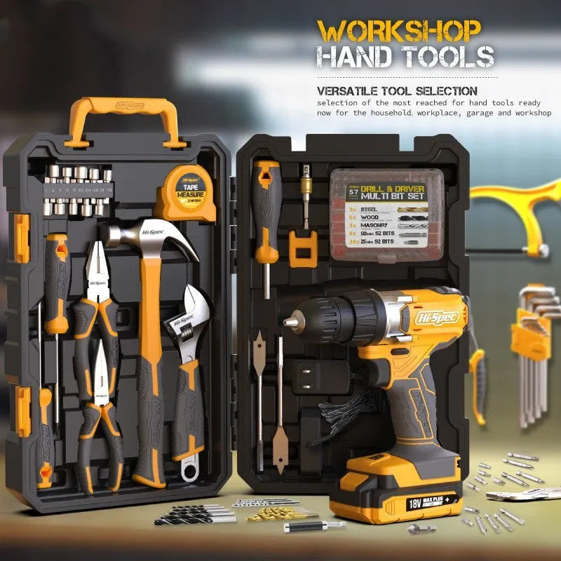 Grey yellow toolbox with 82-piece hardware tool set for furniture installation