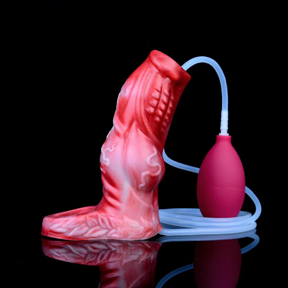 Liquid silicone adult condom toy with water spray syringe control system showing M and L size options