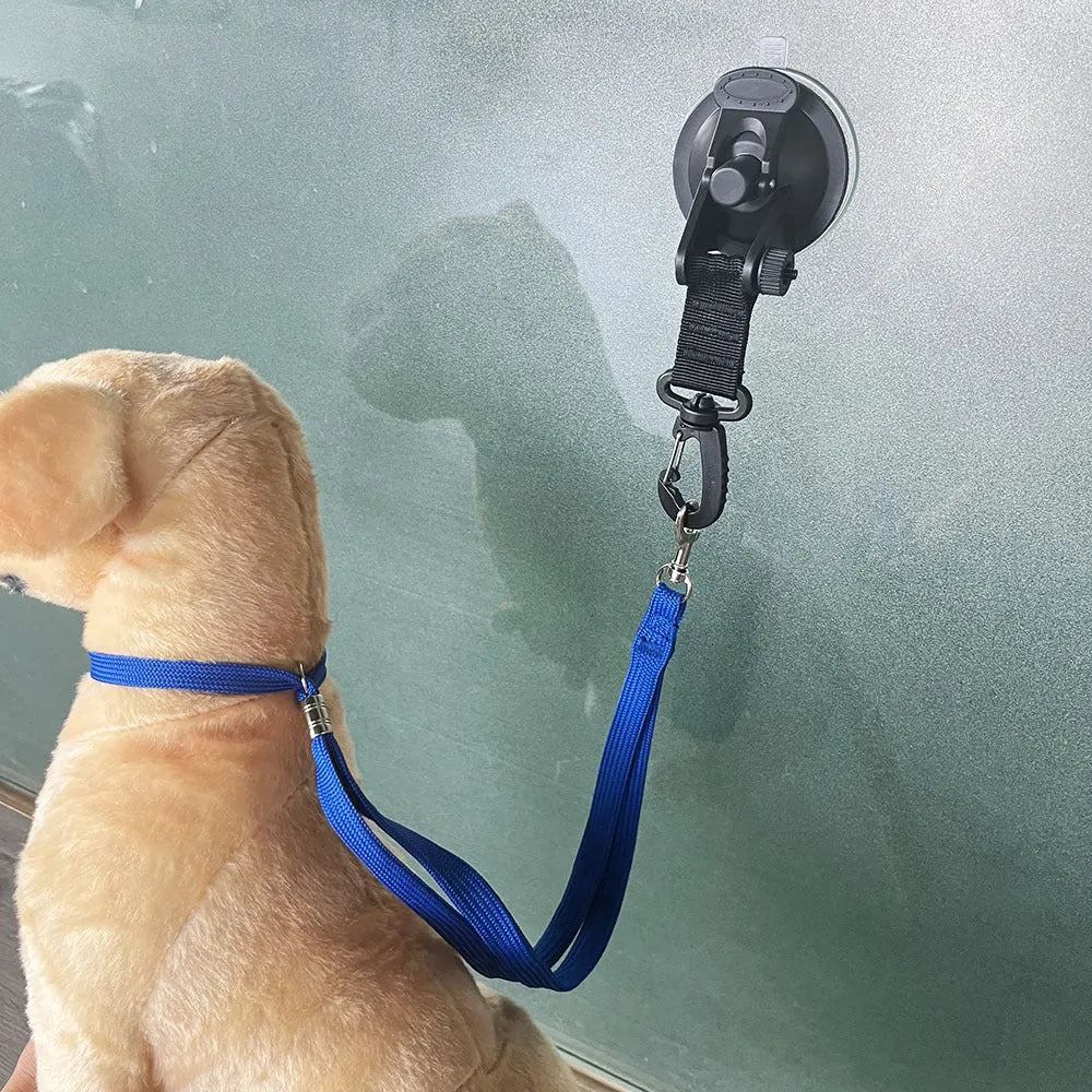 Finished pet bathing restraint with suction cups and traction rope on a blue background.