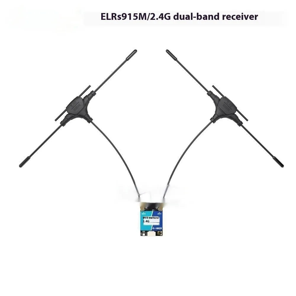 ELRS dual-frequency FPV drone receiver module with metal housing and T-shaped antennas