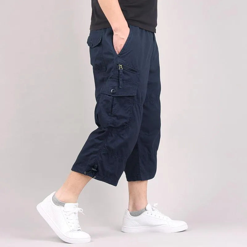 Men's cotton cropped casual pants in khaki, black, dark grey, or army green with loose fit