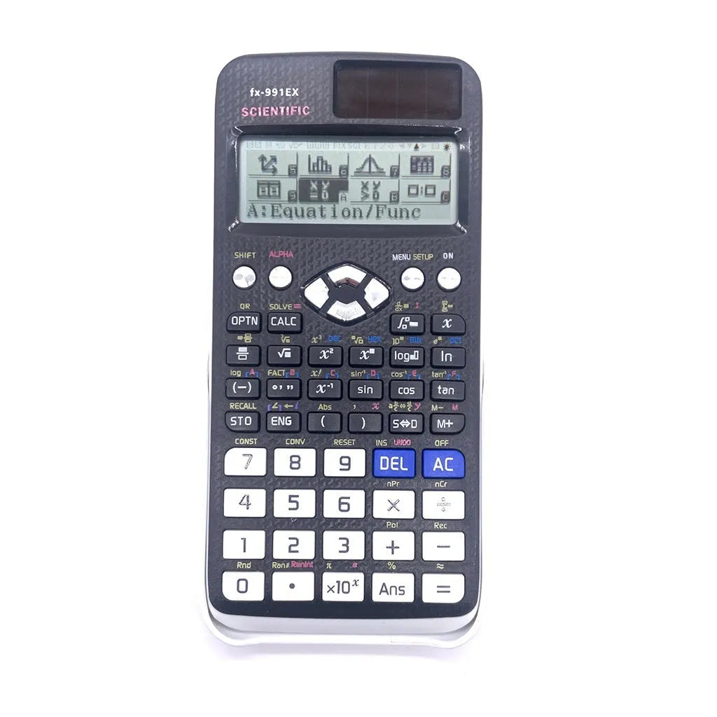 991EX scientific calculator with solar panel and ABS casing in black blue or pink