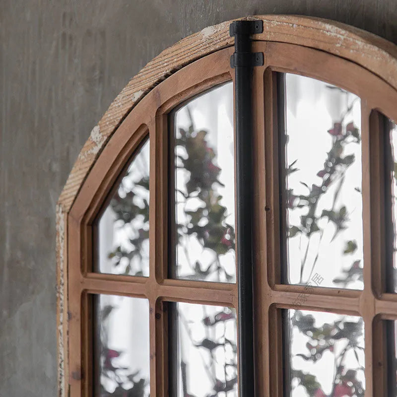 Distressed wooden glass fake window wall mirror in log colour