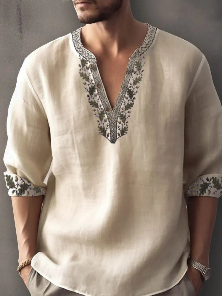 British-style short sleeve pullover shirt with 3D printed stripes on bamboo hemp fabric.