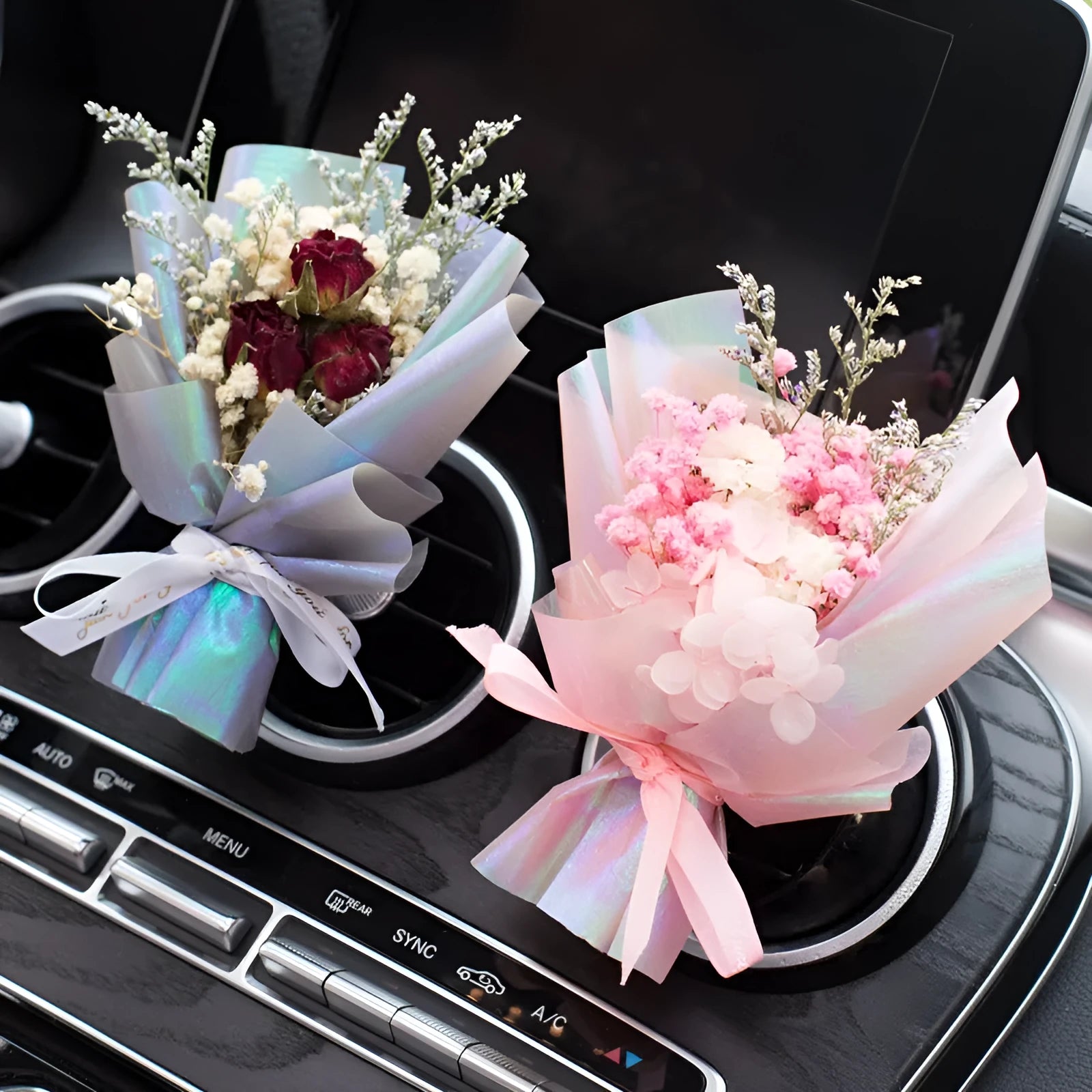 Handmade dried flower car air freshener ornament in multiple colours mounted on car vent
