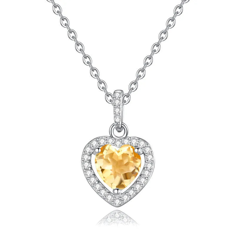 Women's sterling silver heart pendant necklace with natural gemstone on cross chain