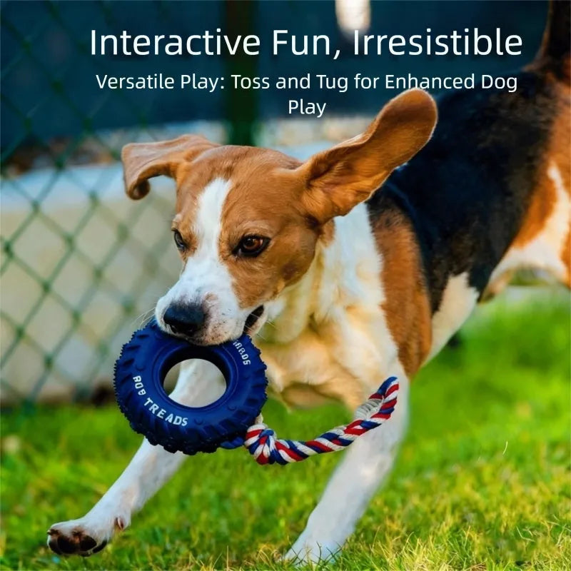 Dog chew toy with rubber tire and tug-of-war rope in black, blue, or orange for medium large aggressive chewers