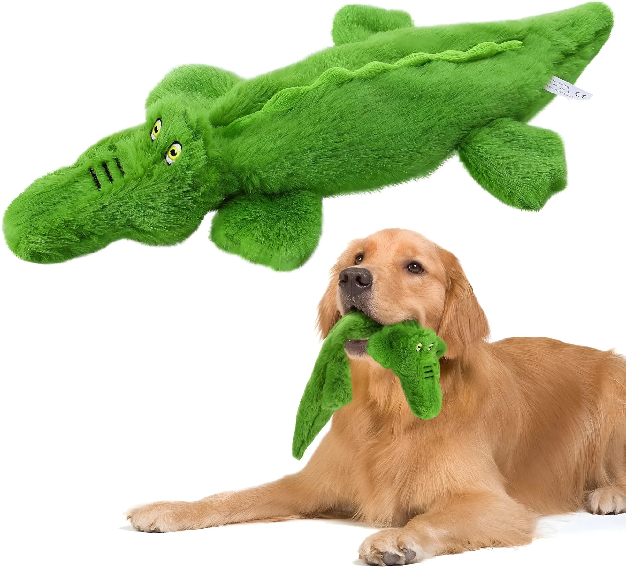 Green crocodile squeaky dog toy with no stuffing for aggressive chewers