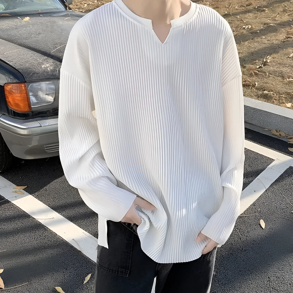 Plus size striped texture pullover in polyester, shown in black, grey, and white colour options