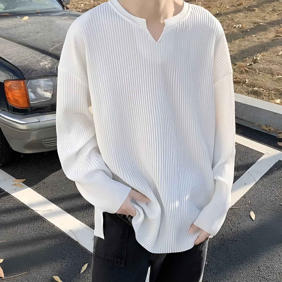 Plus size striped texture pullover in polyester, shown in black, grey, and white colour options