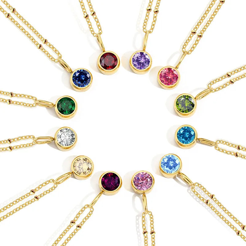 Stainless steel birthstone necklace with round pendant and ball bead chain in multiple colour options