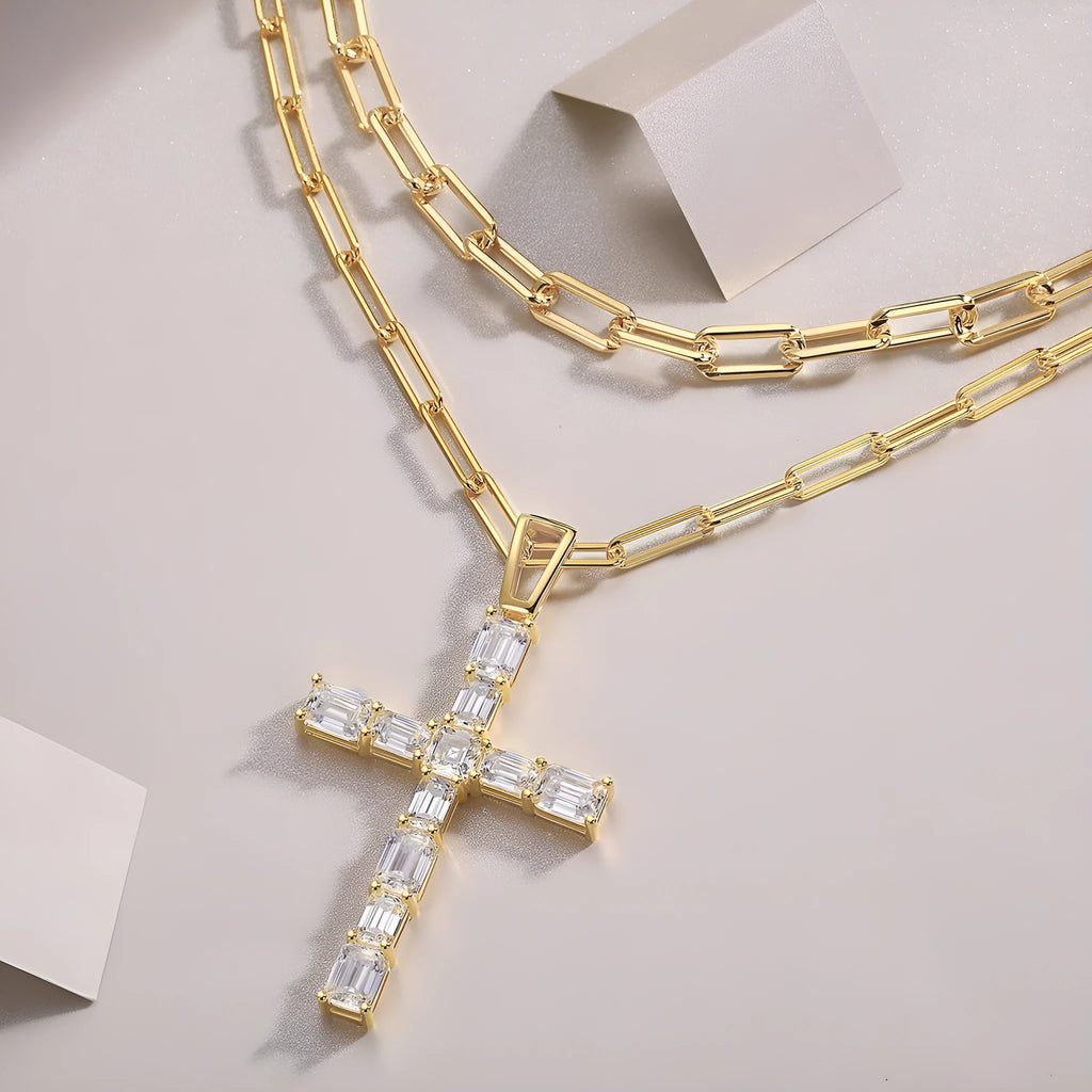925 silver twin moissanite geometric pendant necklace on adjustable cross chain for women