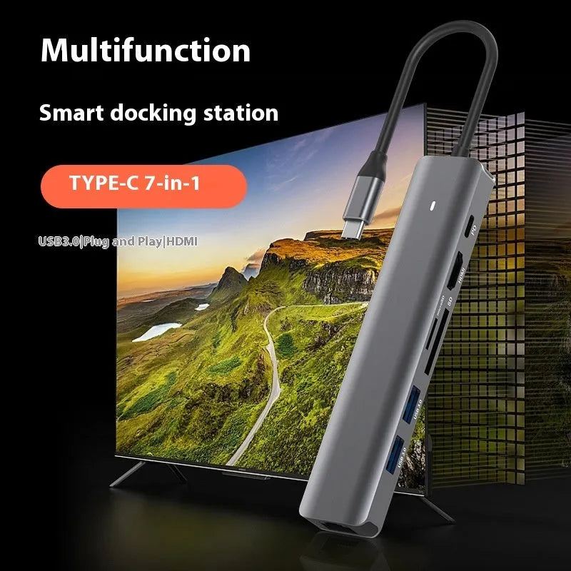 LQT-LH07 7-in-1 USB card reader hub with PD charging port for laptop connectivity expansion