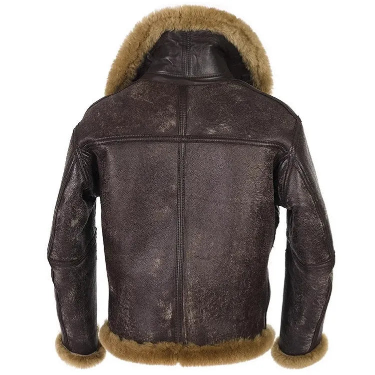 Men's brown retro style synthetic leather fur coat with side pockets and straight hem