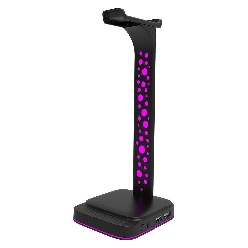 RGB headphone display stand with dual USB ports and acrylic panel in black colour variant