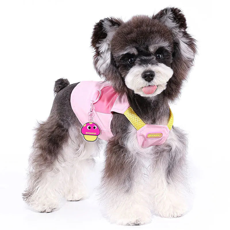 Pink polyester vest for small dog on mannequin showing casual design