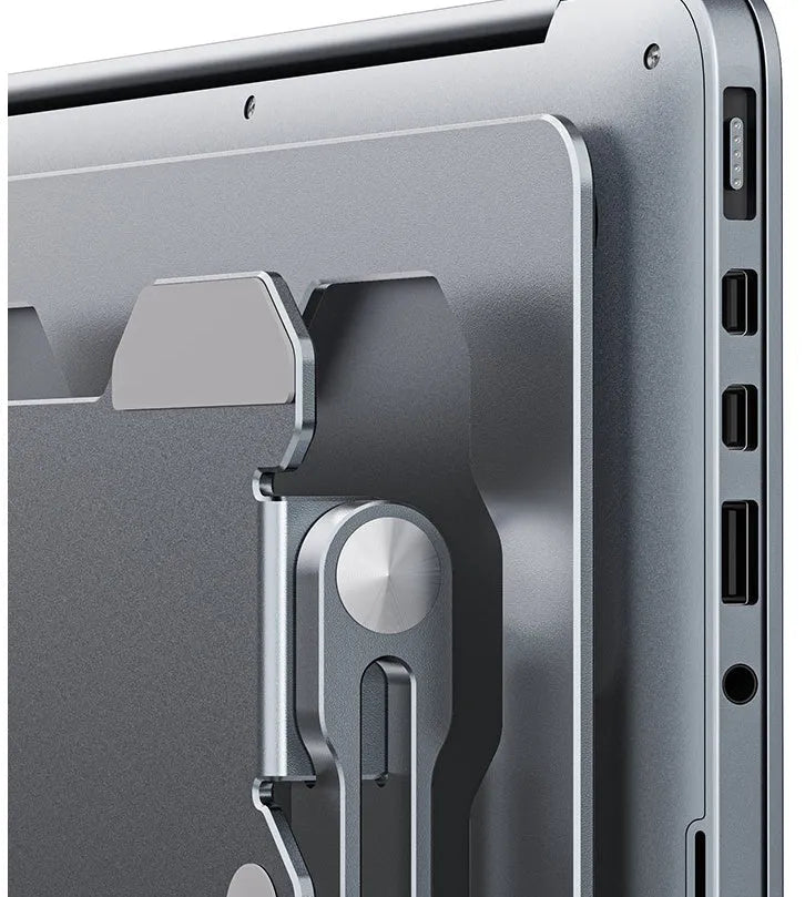 Grey adjustable aluminium laptop stand in folded and unfolded positions showing hollow design