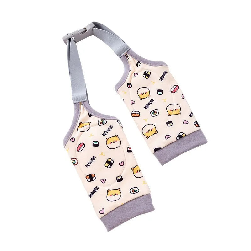 Blue dog knee protector with extra-thick padded elbow patch and adjustable buckle, shown with matching scarf