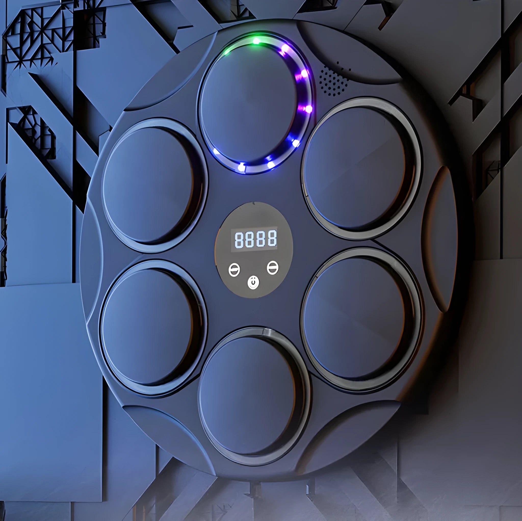 Smart Bluetooth boxing target with coloured LED lights hanging on wall