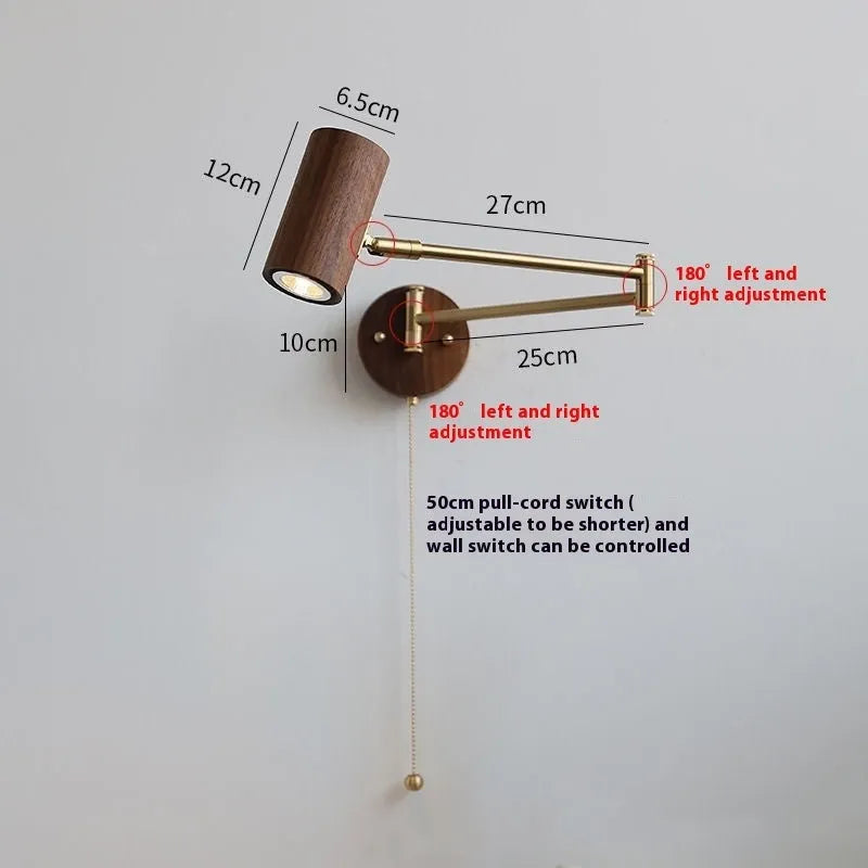 Retro walnut wood wall lamp with rotating spotlight and long arm extension