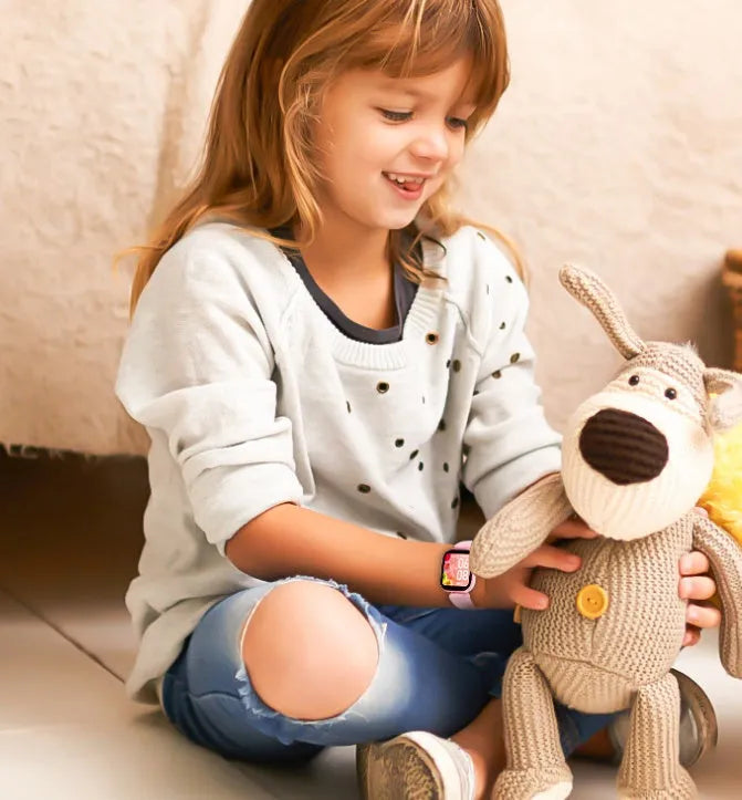 H39T children's smart watch with blue TPU strap on a wrist, showing the 1.4-inch touchscreen display.