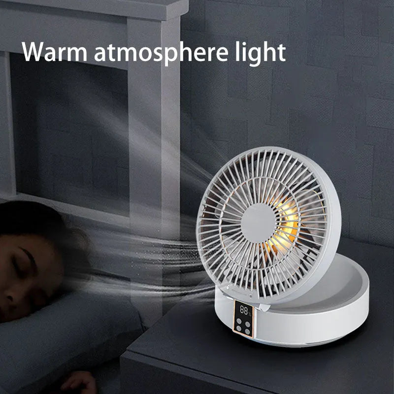 White remote control rechargeable USB folding fan with night light on desk