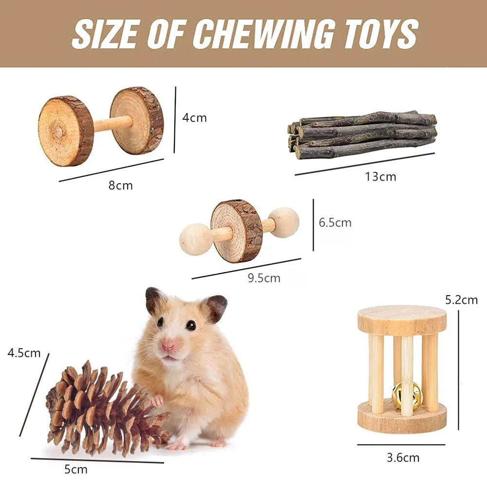 Wooden chew toy set for small pets including rabbits and guinea pigs, showing a multi-piece bundle