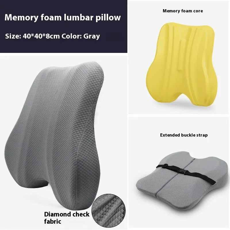 Grey lumbar support cushion for office chair showing 40x40x8cm dimensions.
