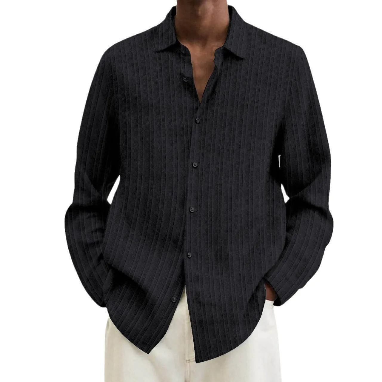 Men's striped British style cardigan with long sleeves in a loose fit.