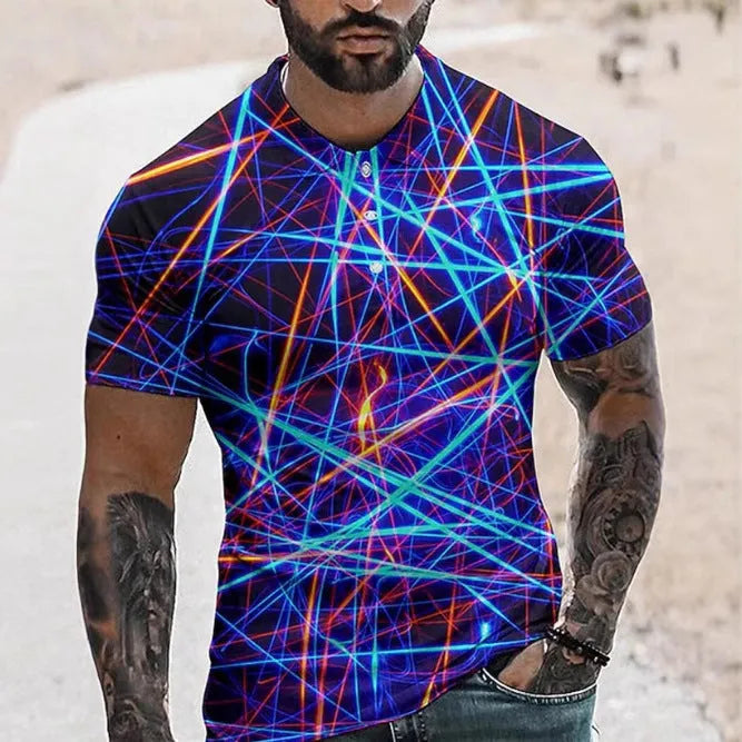 Men's blue short sleeve sports t-shirt with 3D printed graphic and lapel button detail