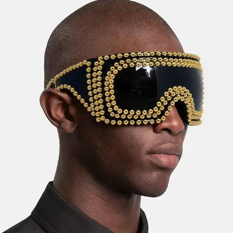 Men's personality punk sunglasses with large square rim frame and rivet detailing