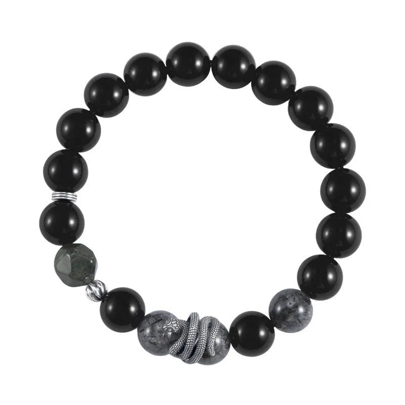 Black retro snake bracelet in 925 sterling silver with obsidian stone, showing animal modelling and certificate