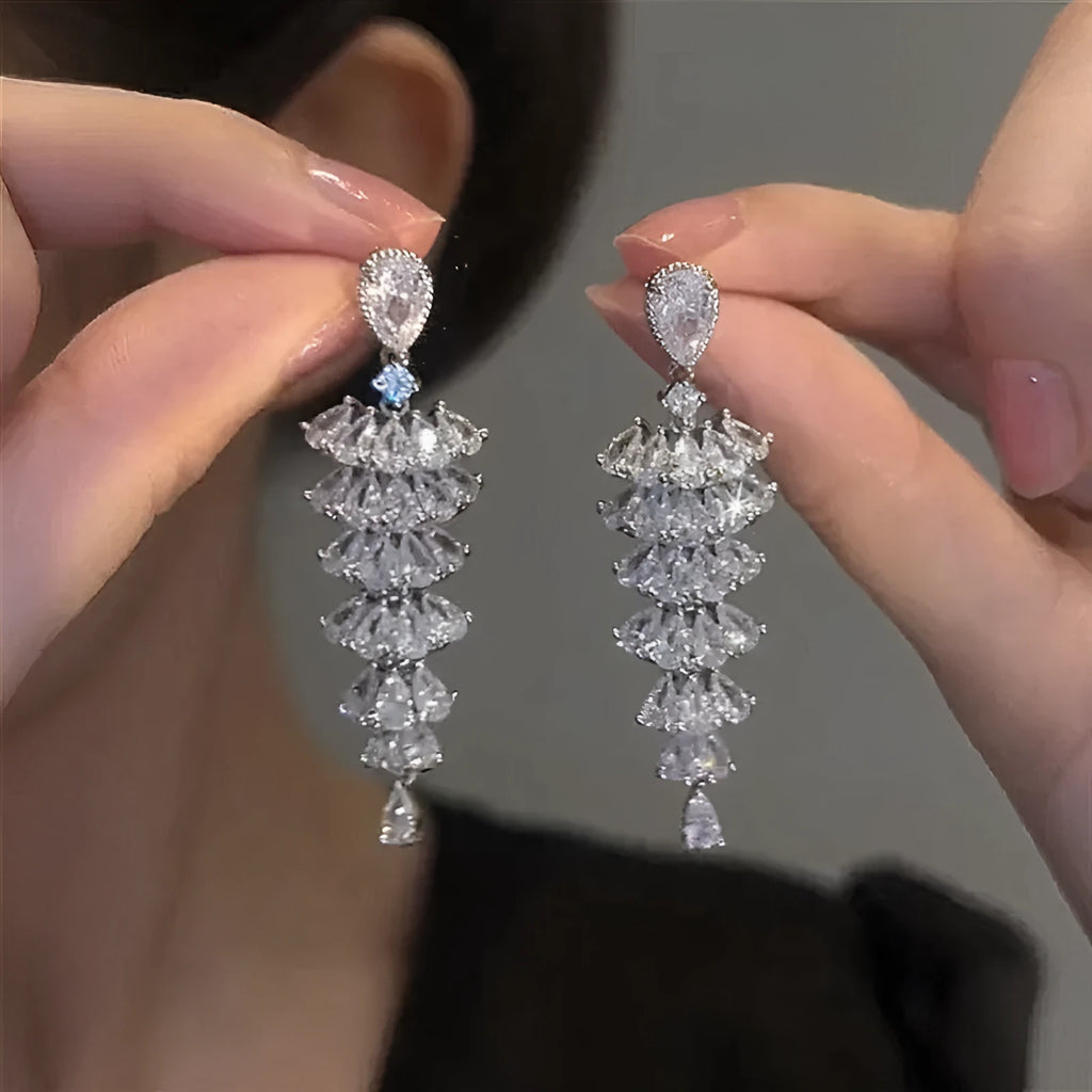 Zircon Christmas tree drop earrings with silver pagoda colour finish on copper construction