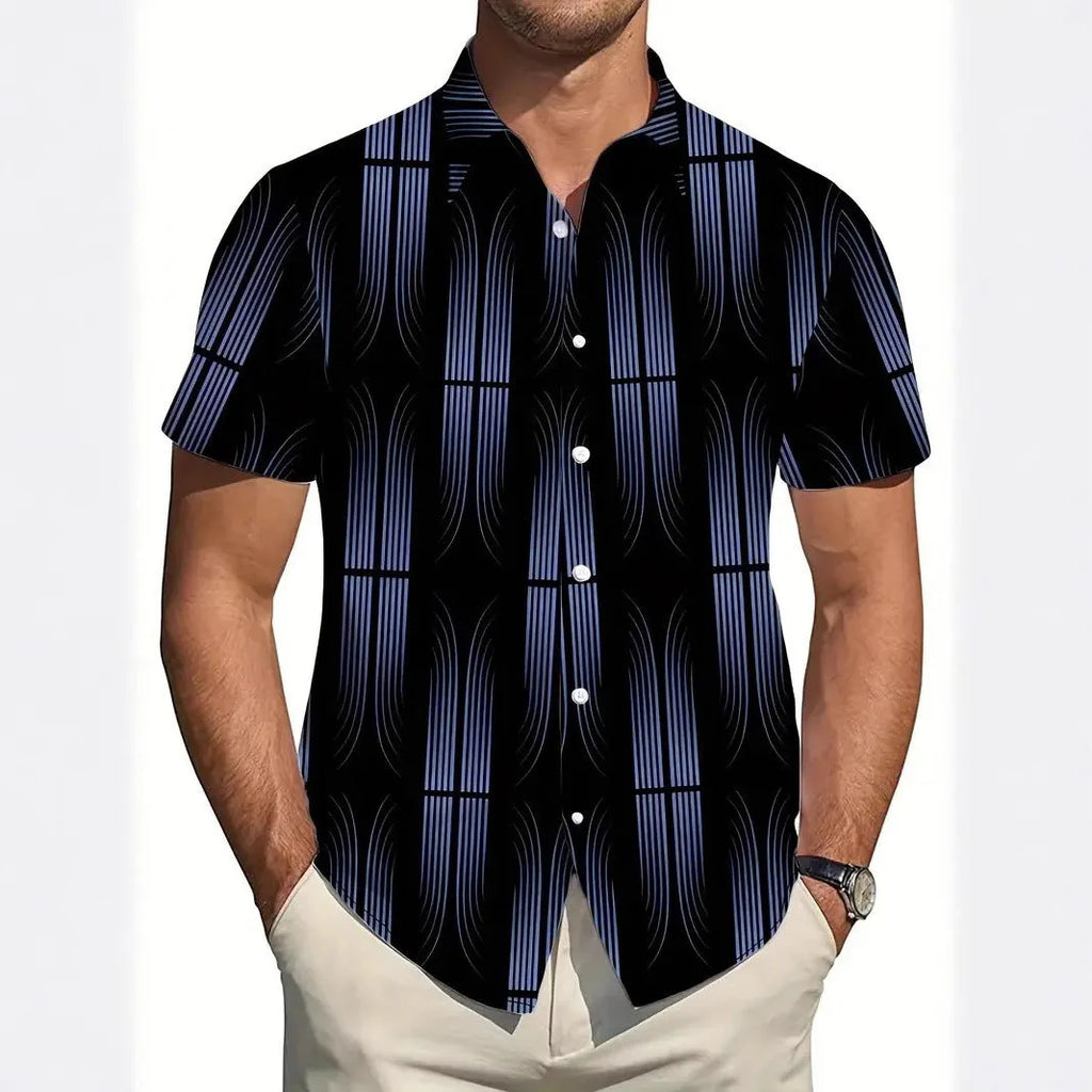 Men's geometric line pattern lapel short sleeve shirt in slim fit polyester