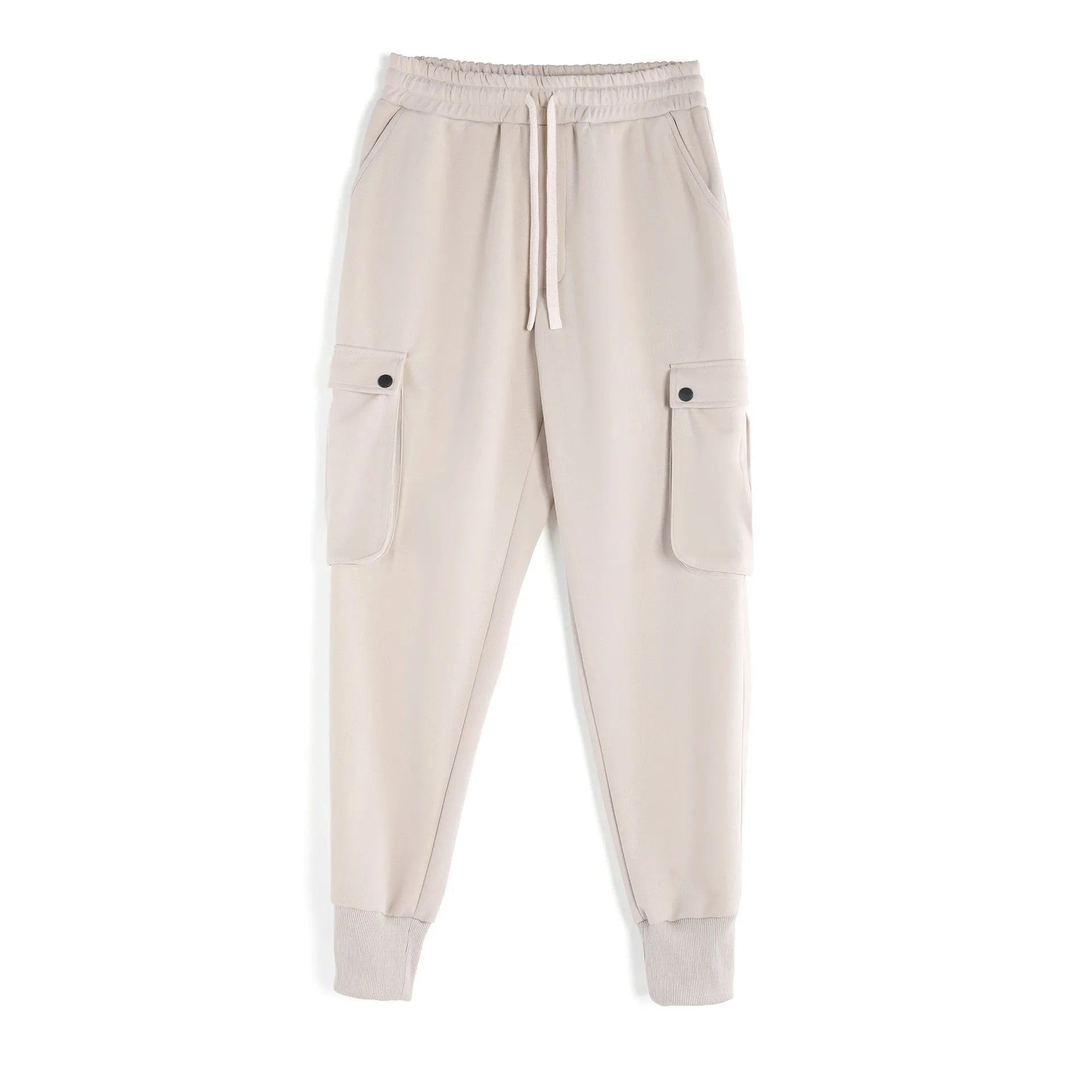 Men's loose-fit ankle-tied cotton sports trousers in solid colour with multi-pocket design