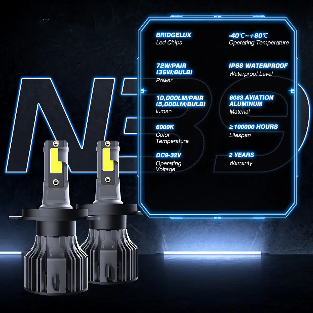 Car LED headlight bulb kit showing 6000K white light, 72W high power, and plug-and-play connectors.