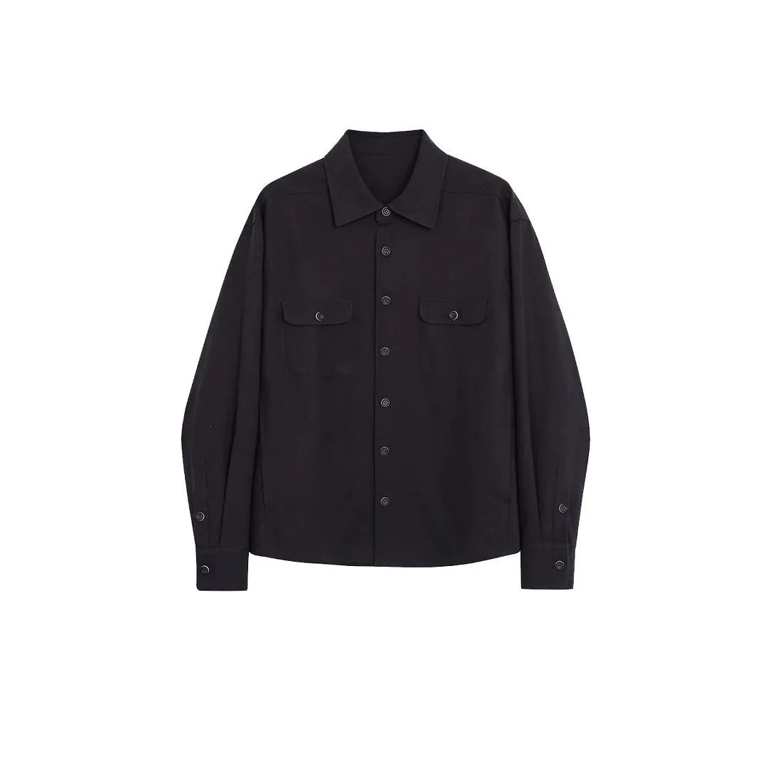 Men's light sand rice coloured lapel shirt with long sleeves on a hanger